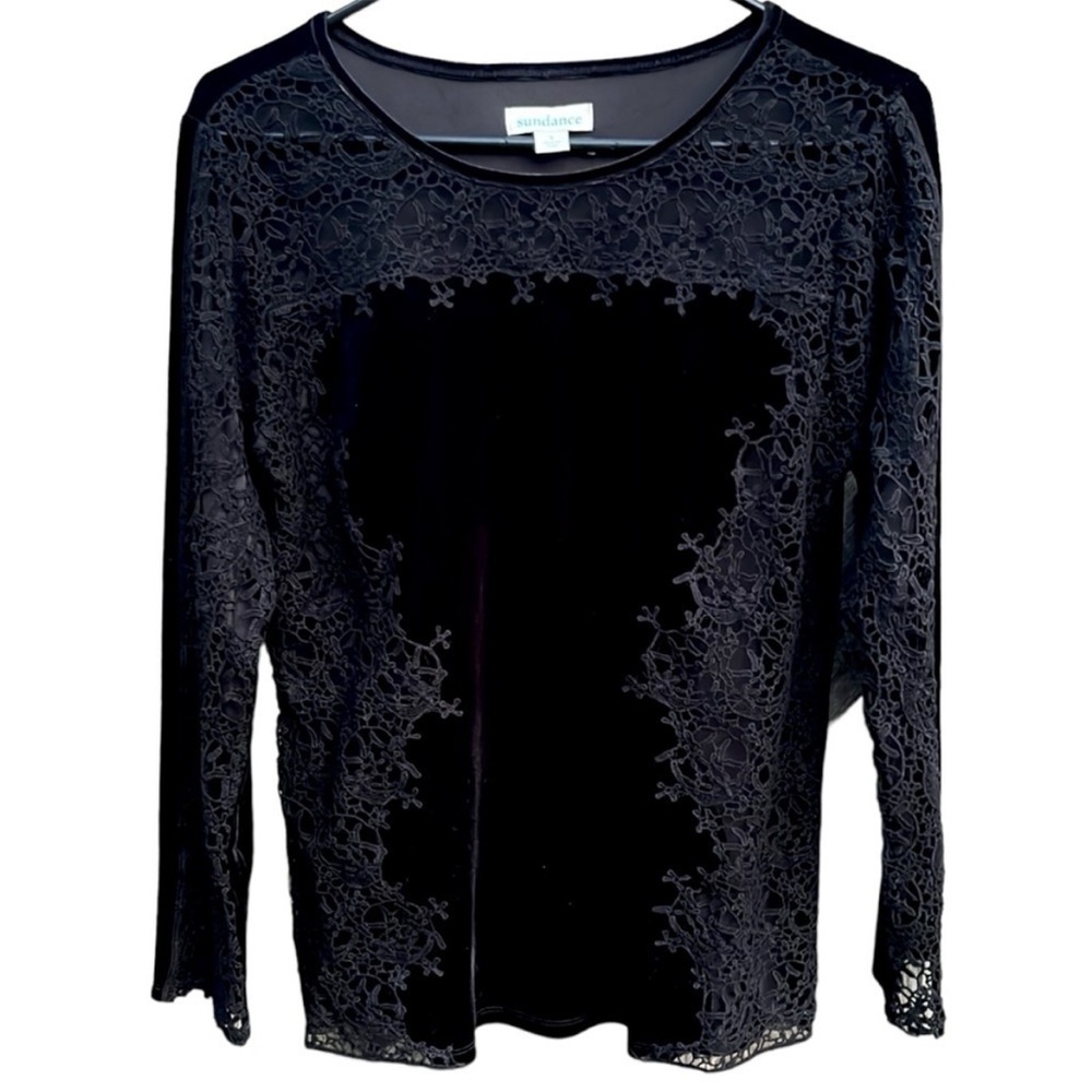 EUC Sundance Velvet Crochet Lace Long Sleeve Top Black Size Small